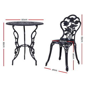 Gardeon 3PC Outdoor Setting Bistro Set Chairs Table Cast Aluminum Rose Black