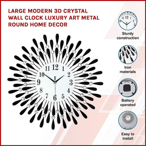 Large Modern 3D Crystal Wall Clock Luxury Art Metal Round Home Decor